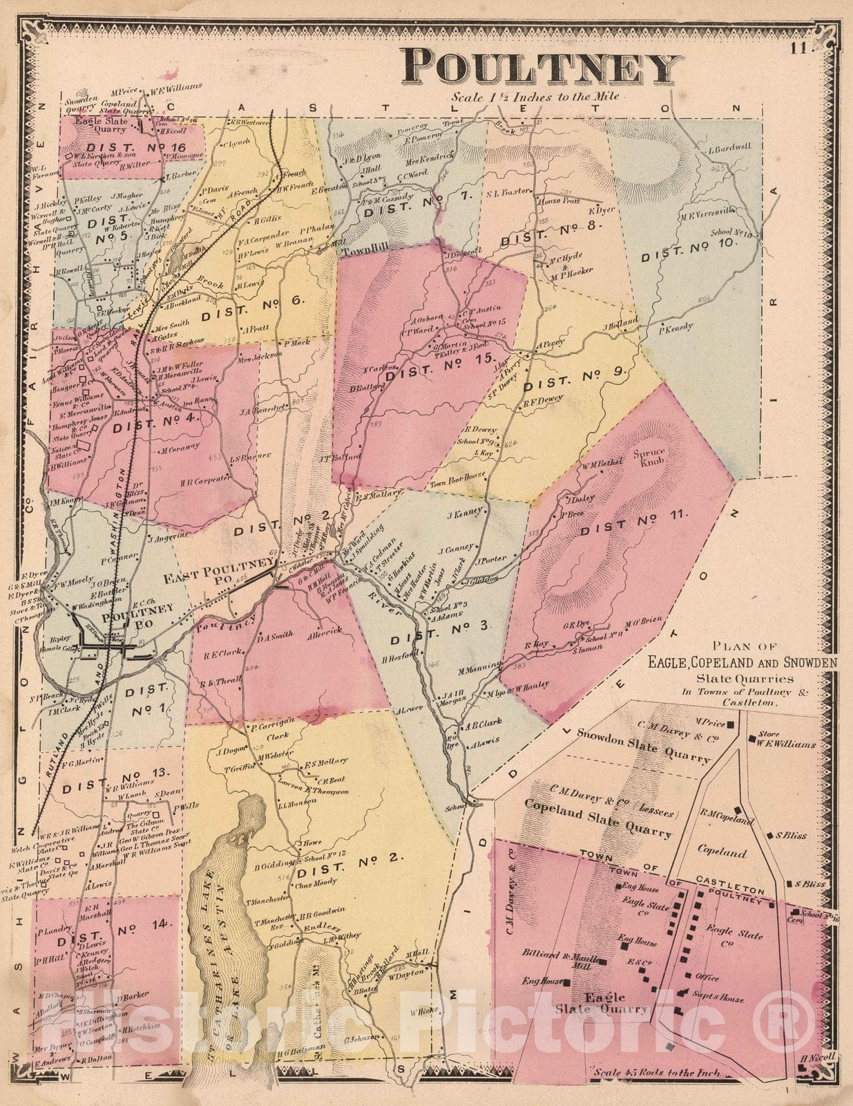 Historic Map : 1869 Poultney, Rutland County, Vermont. - Vintage Wall Art