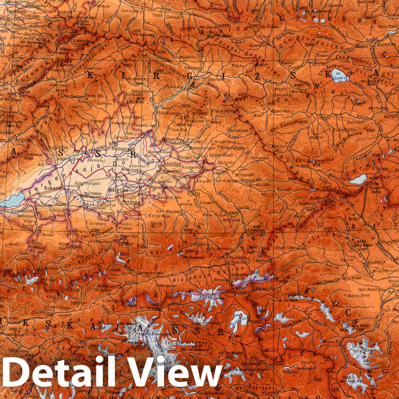 Kyrgyz SSR and Tajik SSR - Physical Map, 1967 - Historical Map Print