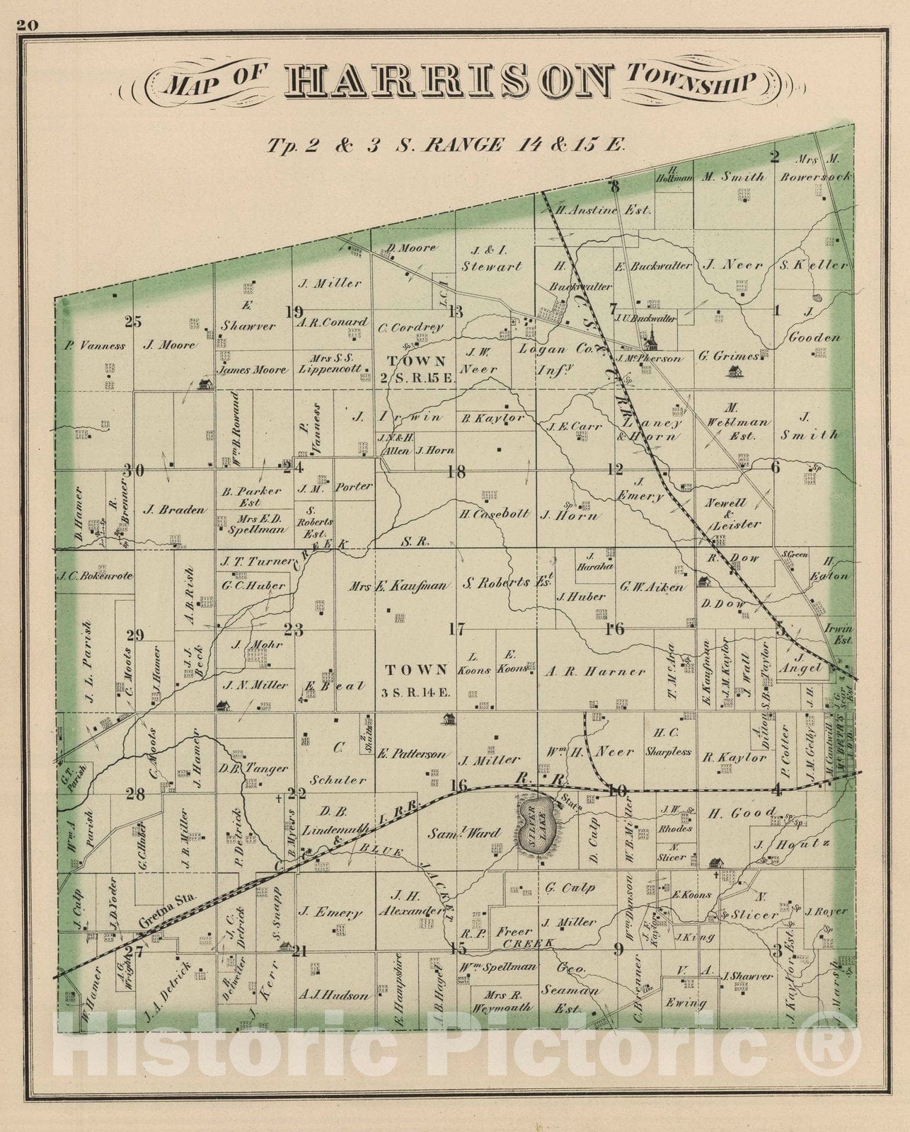 Historic Map : 1875 Harrison Township, Logan County, Ohio. - Vintage Wall Art