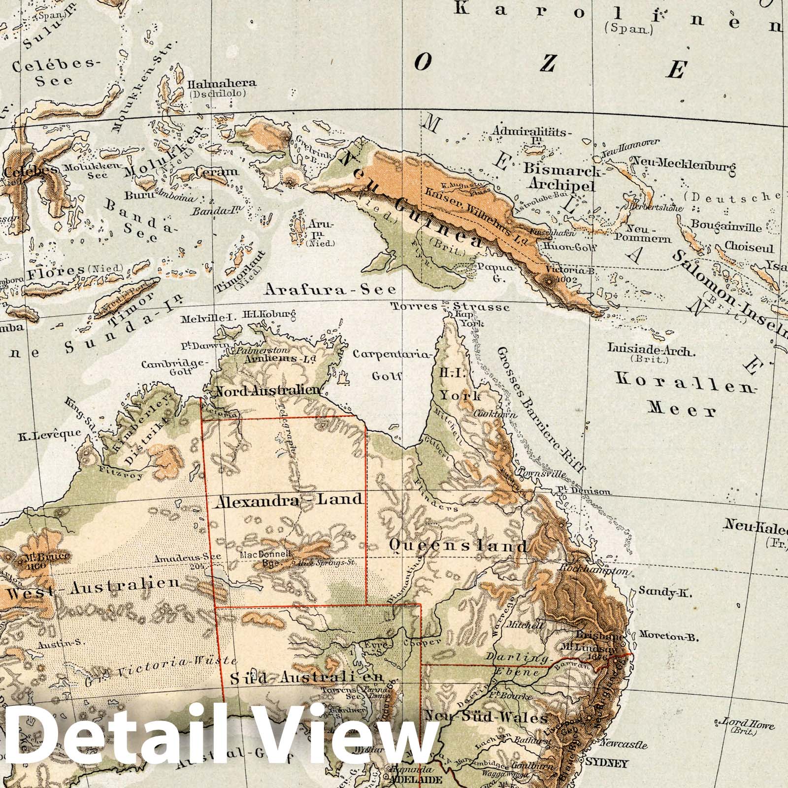 Australia 1896 Topographic Map Print - Diercke Schul-Atlas Historical Reproduction
