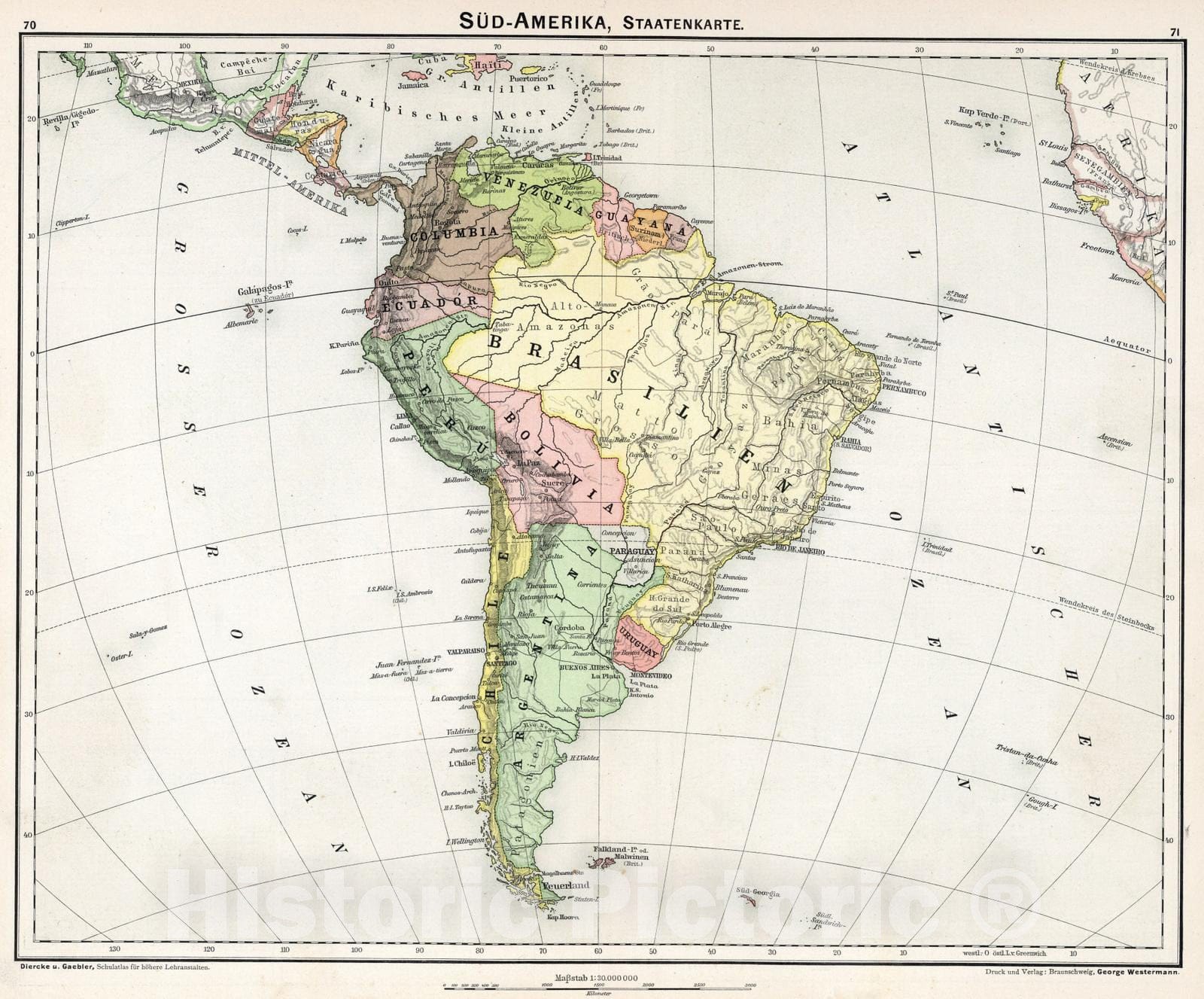 Historic Map : School Atlas - 1896 Sud - Amerika, Staatenkarte - Vintage Wall Art