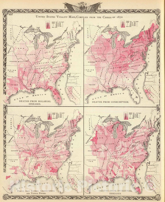 Historic Map : United States vitality maps, compiled from the Census of 1870. - Vintage Wall Art