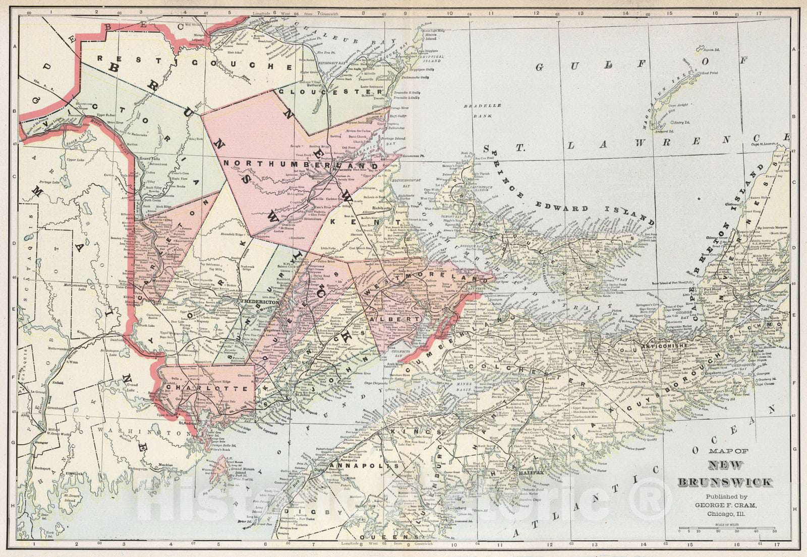 Historic Map : 1901 Map of New Brunswick - Vintage Wall Art