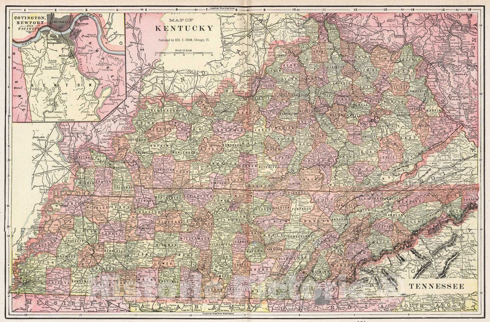 Historic Map : 1901 Map of Kentucky and Tennessee : Vintage Wall Art