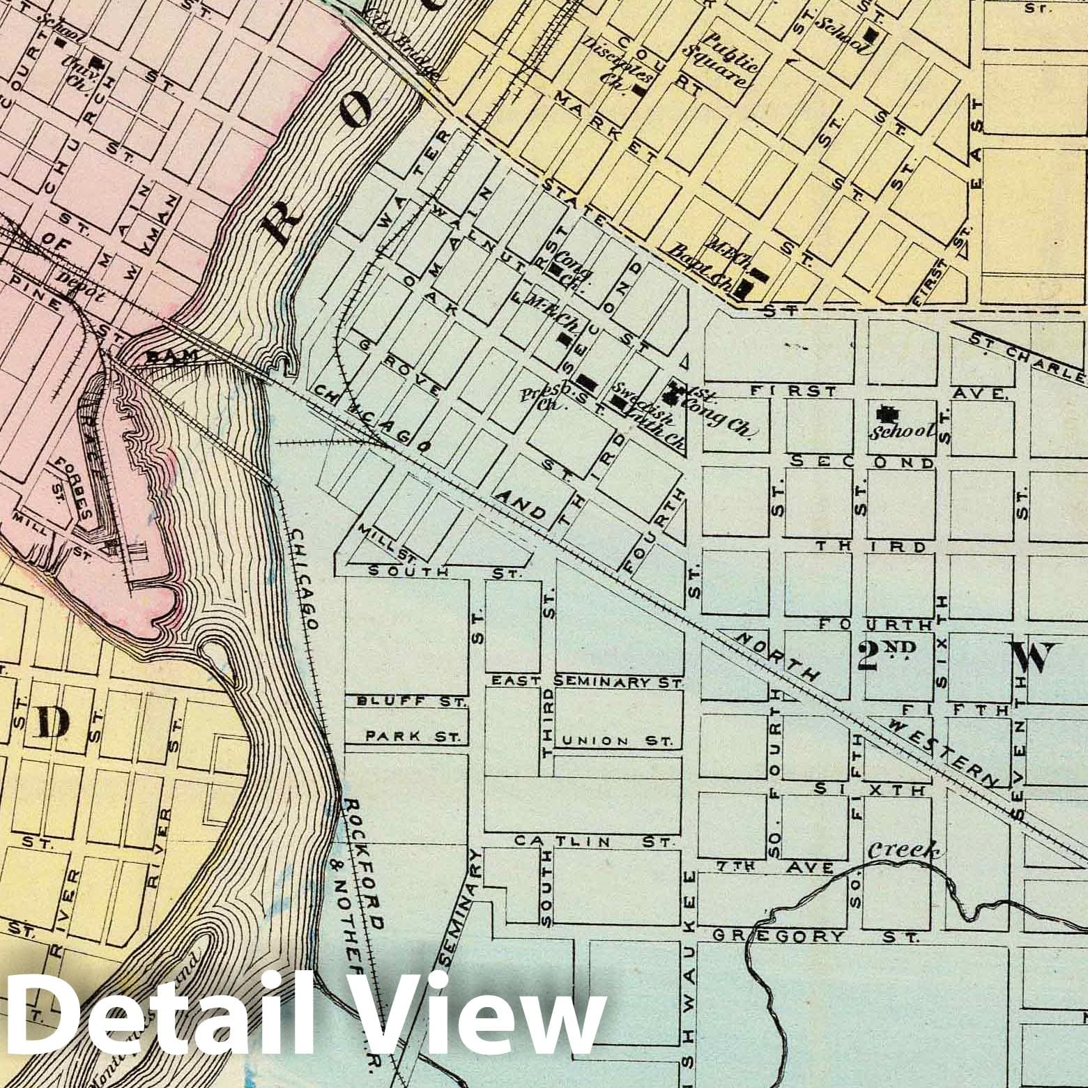 Rockford, Sterling, and Rock Falls, Illinois 1876 Historical Map Print