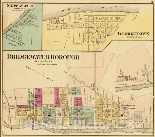 Historic Map : 1877 Bridgewater Borough, (with) Shippingport, Georgetown (all) Beaver Co, Pa. - Vintage Wall Art
