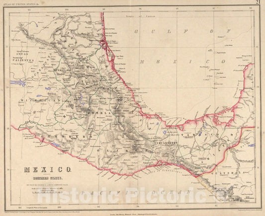 Historic Wall Map : National Atlas - 1857 Mexico. Southern States. - Vintage Wall Art