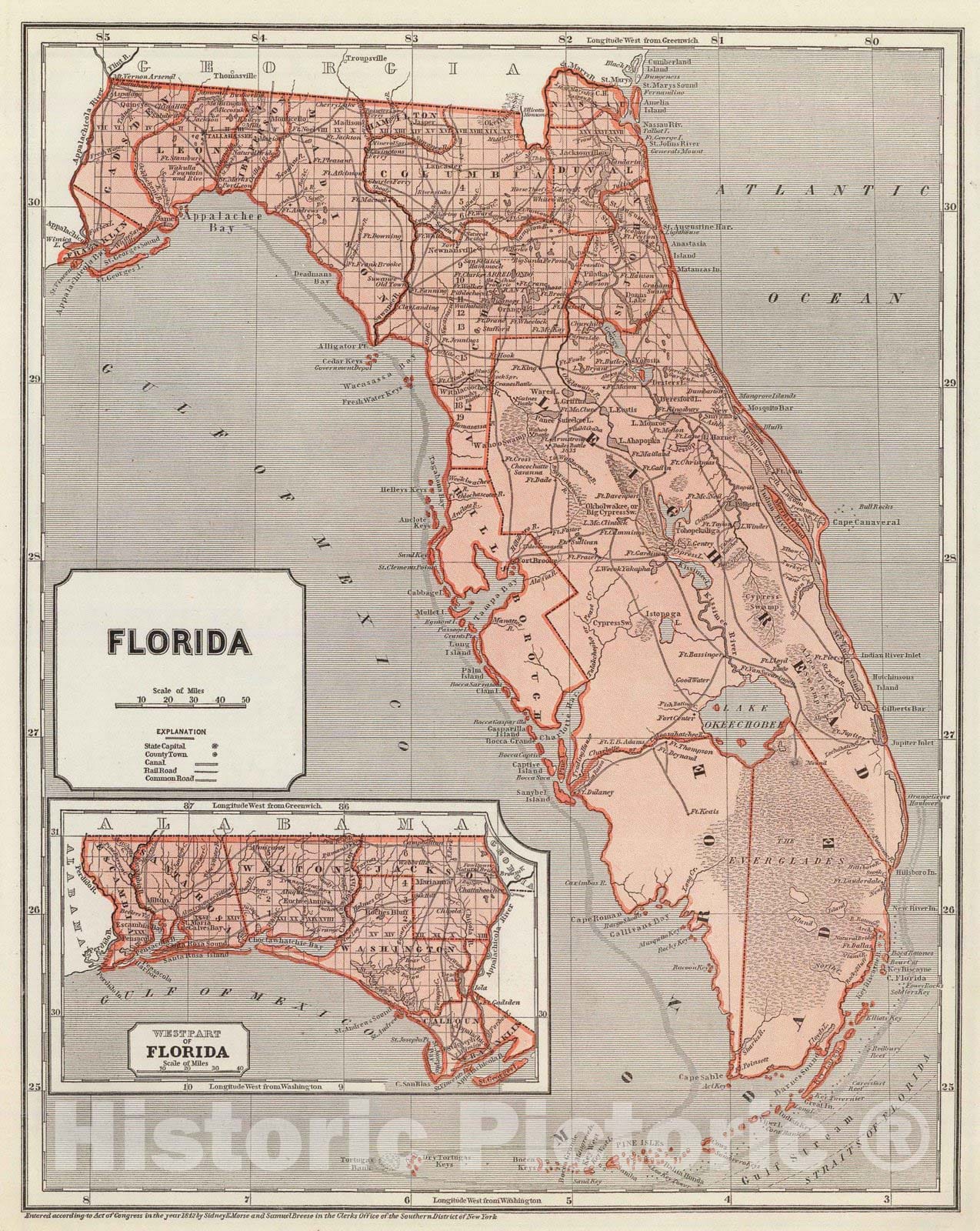 Historic Map : National Atlas - 1845 Florida. - Vintage Wall Art