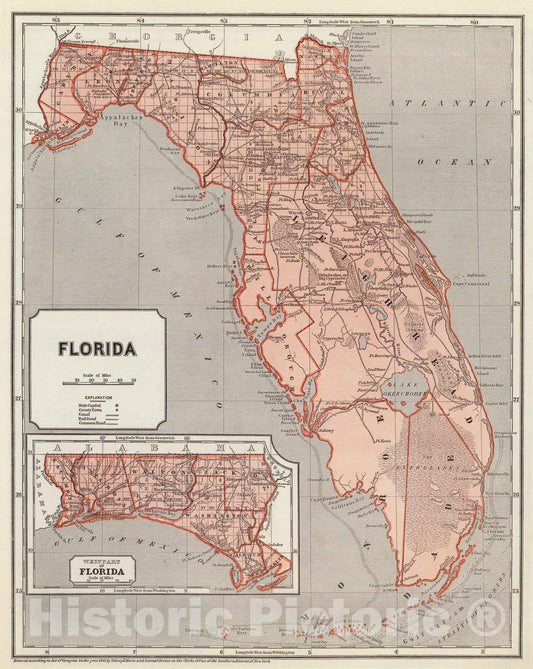 Historic Map : National Atlas - 1845 Florida. - Vintage Wall Art