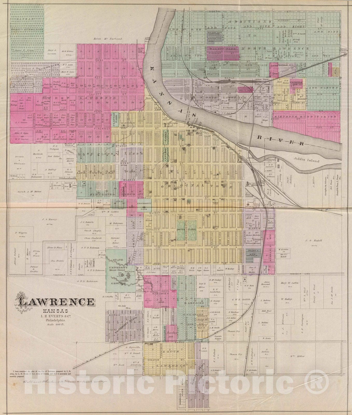 Historic Map : 1887 Lawrence, Kansas. - Vintage Wall Art