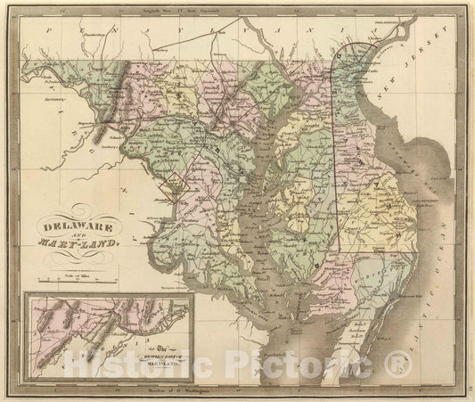 Historic Map : 1848 Delaware And Mary-land. - Vintage Wall Art