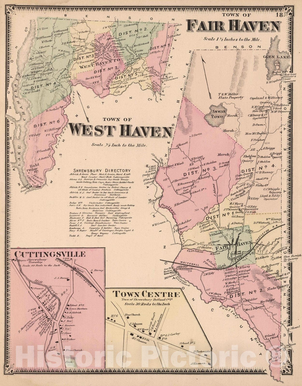 Historic Map : 1869 Fair Haven and West Haven, Rutland County, Vermont. Cuttingsville. Town Centre. - Vintage Wall Art