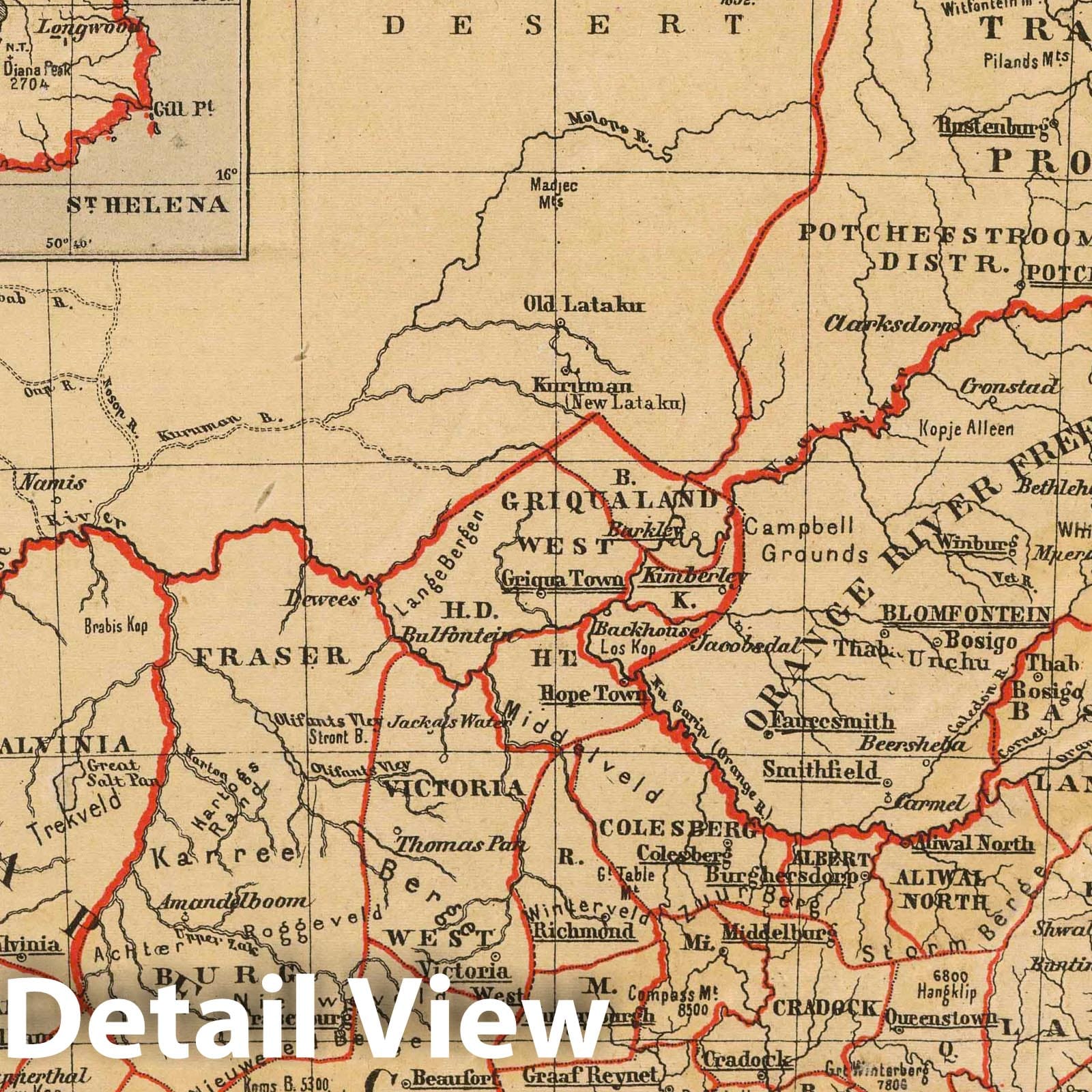Cape Colony, South Africa - Physical Map, 1880 - Historical Atlas Reproduction