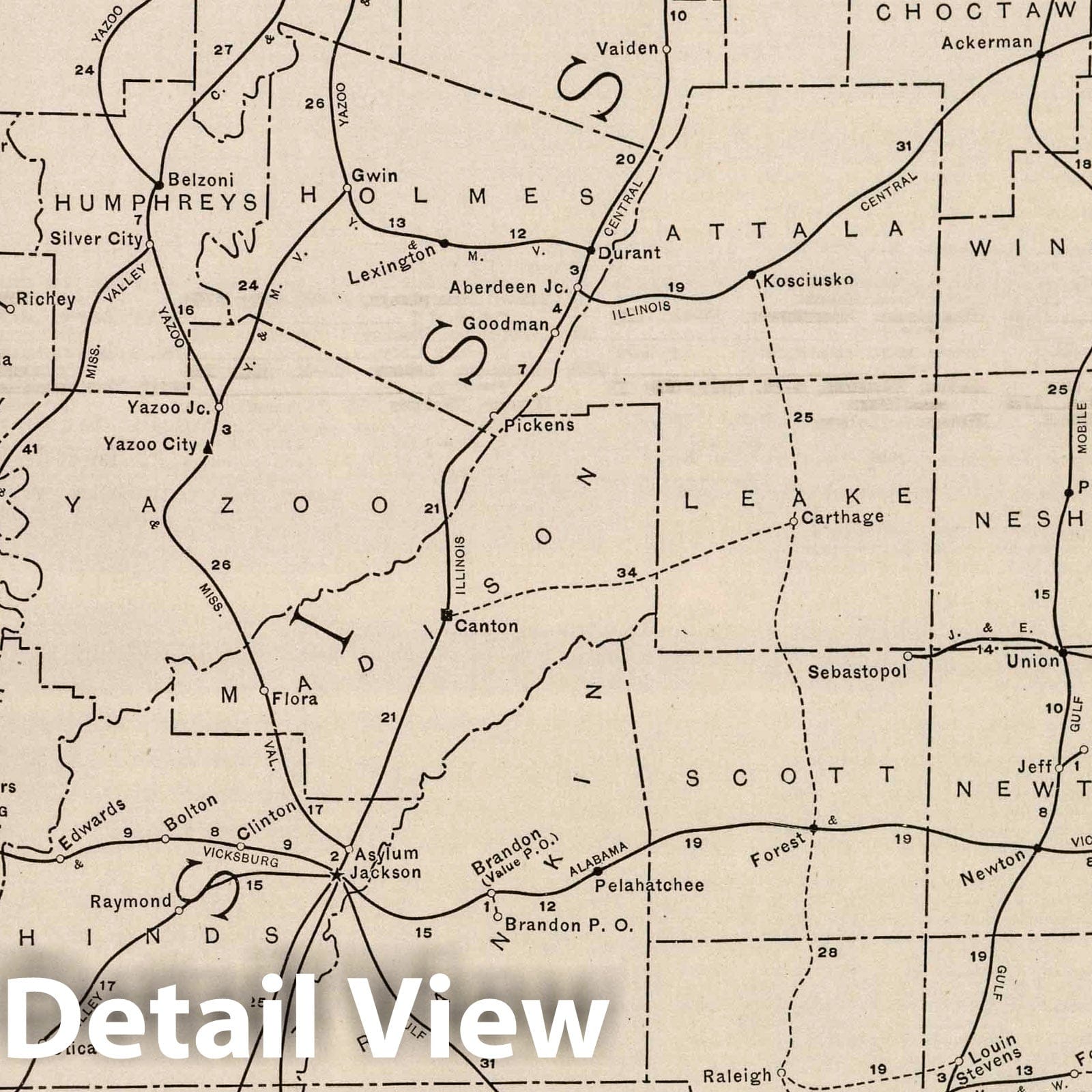 Mississippi - Railroad Map, 1924 - Historical Map Print