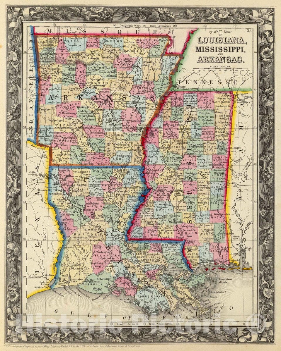 Historic Map : 1860 County Map Of Louisiana, Mississippi, And Arkansas. - Vintage Wall Art