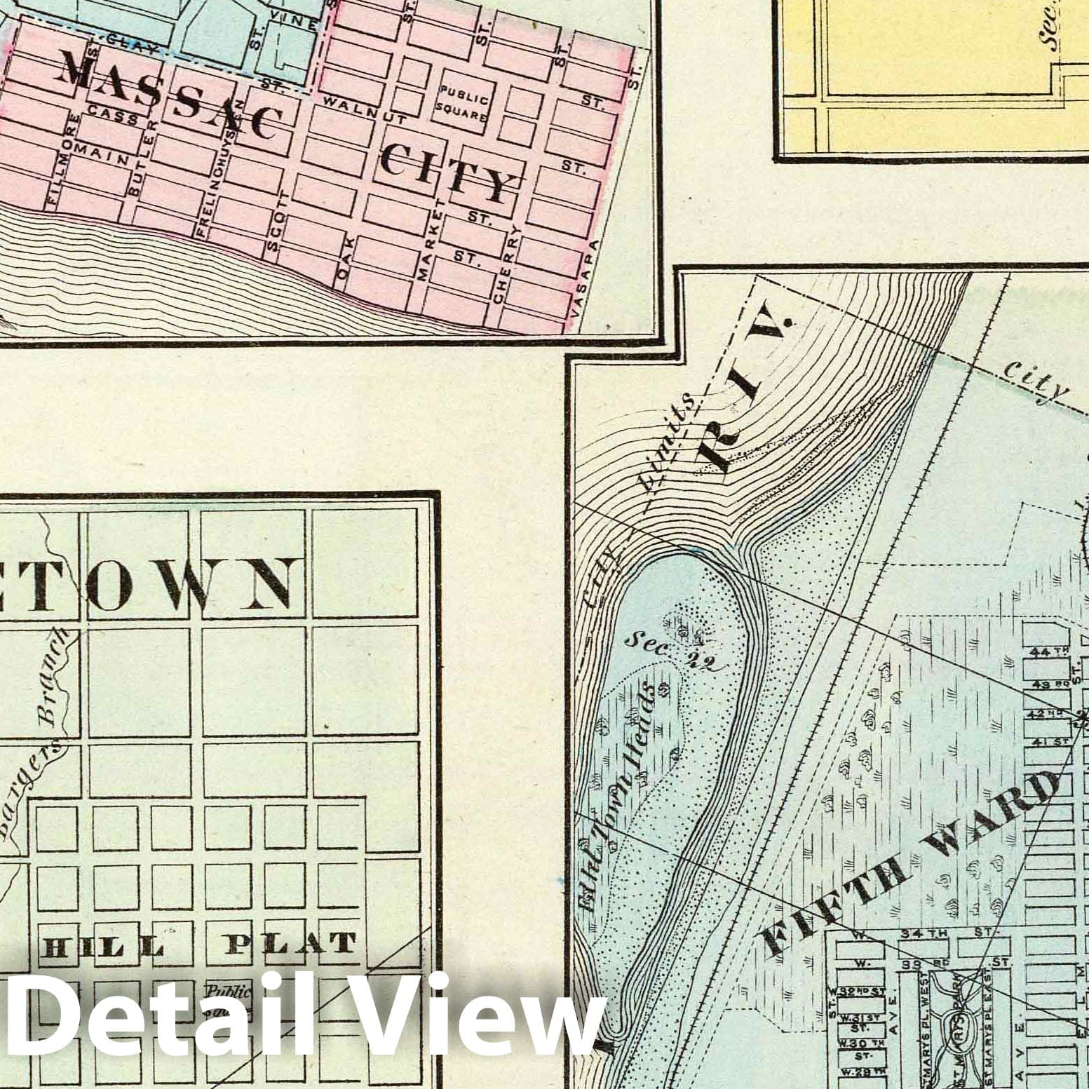 Metropolis, Shawneetown, Cairo, and Pinckneyville, Illinois 1876 Historical Map Print