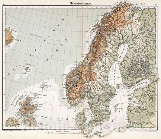 Historic Map : School Atlas - 1896 Scandinavien - Vintage Wall Art