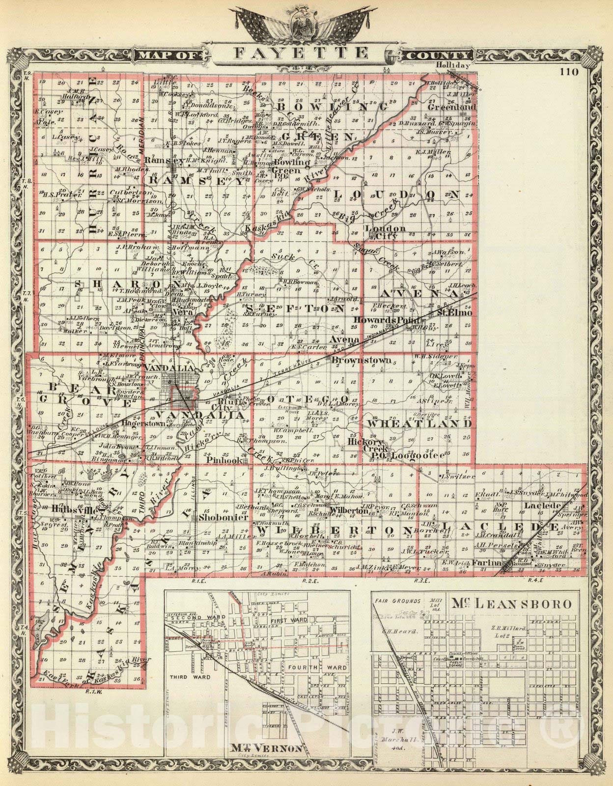 Historic Map : 1876 Map of Fayette County, Mt. Vernon and McLeansboro. - Vintage Wall Art