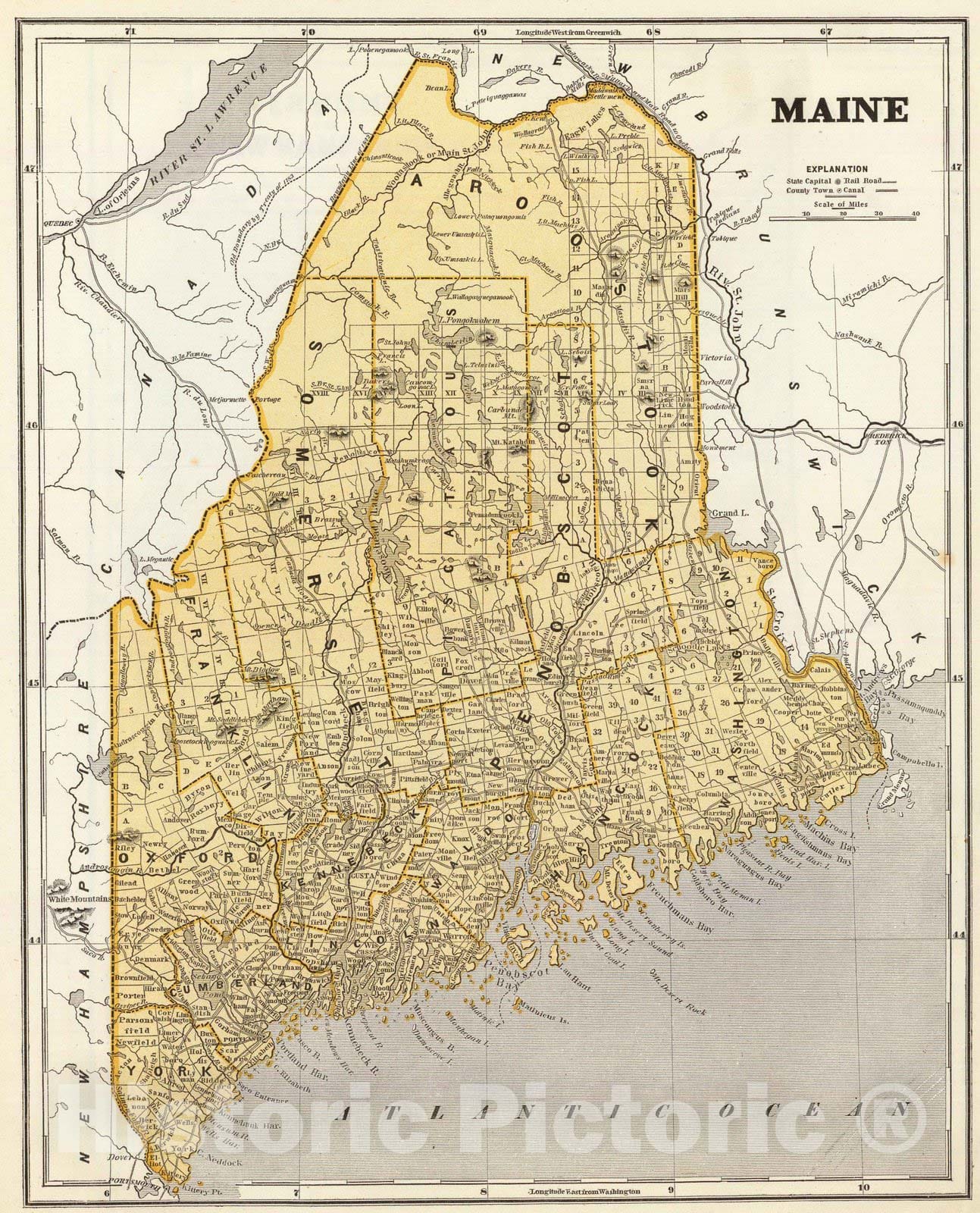 Historic Map : National Atlas - 1845 Maine. - Vintage Wall Art