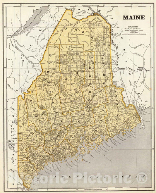 Historic Map : National Atlas - 1845 Maine. - Vintage Wall Art