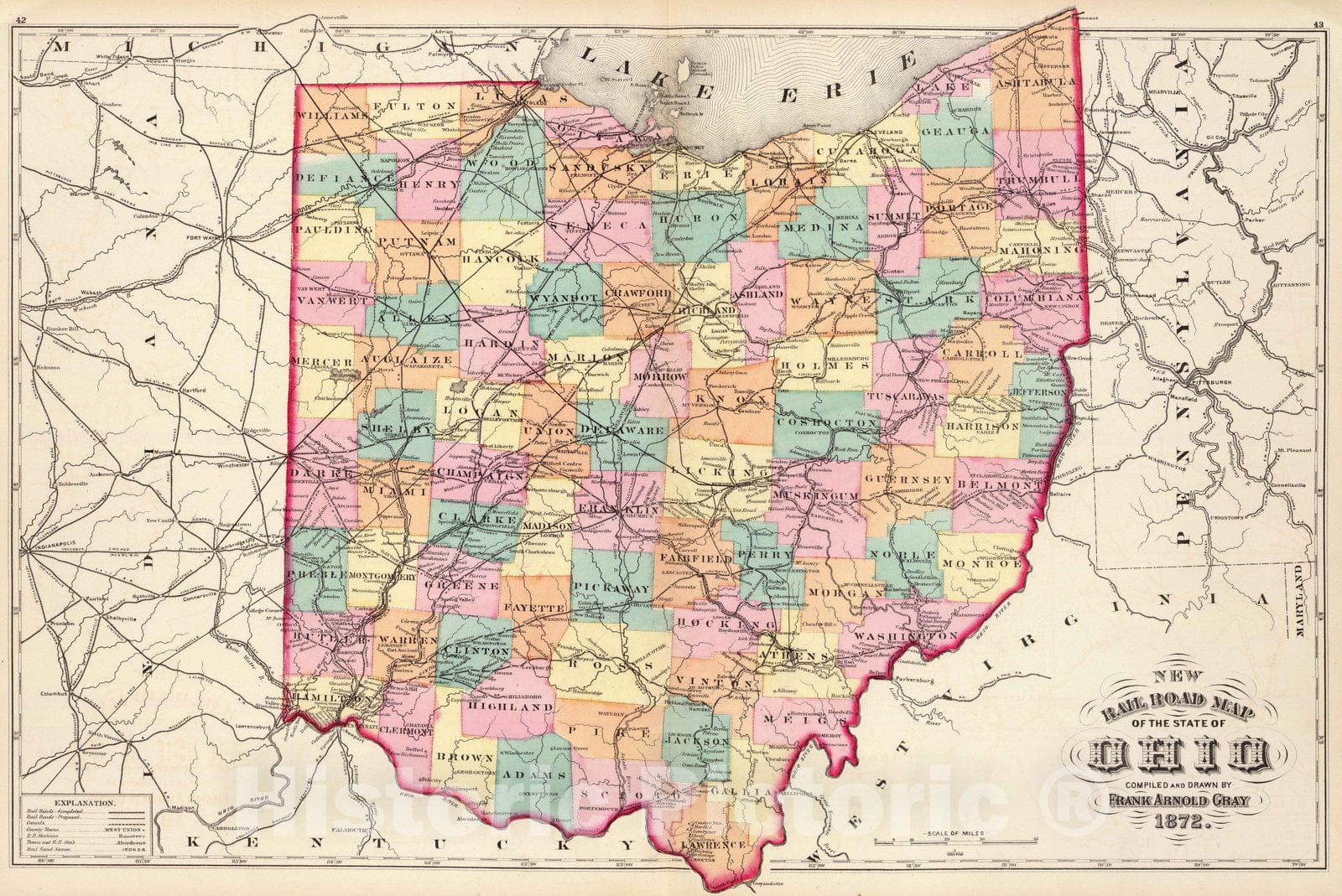 Ohio - Railroad Map, 1872 - Historical Map Print