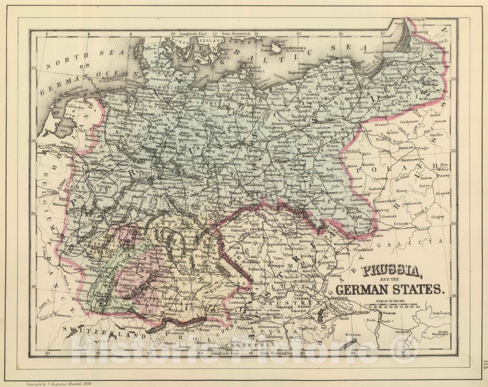 Historic Map : 1884 Prussia, German States. - Vintage Wall Art