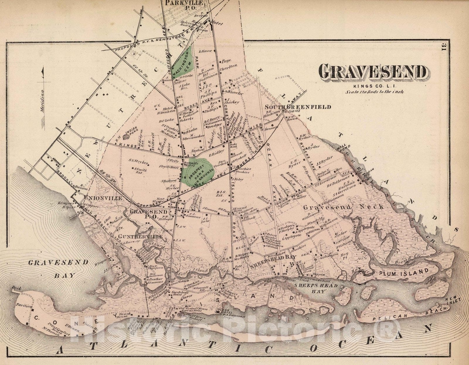 Gravesend, Kings County, Long Island Property Map 1873 - Historical Map Print
