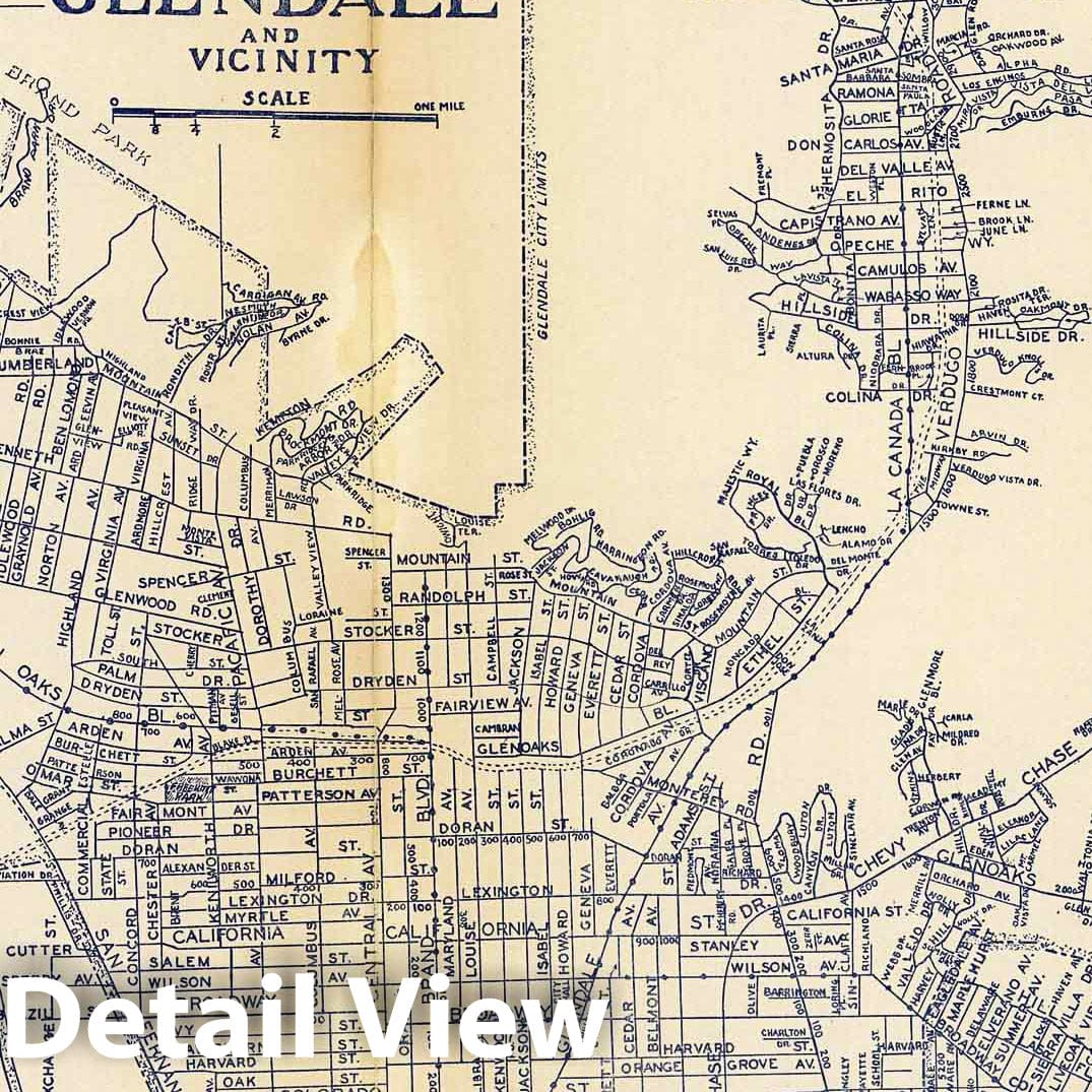 Glendale, California - Road Map, 1938 - Historical Map Print