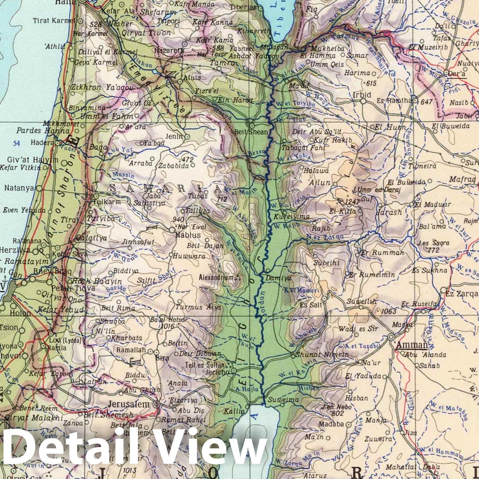 Palestine and Lebanon - Physical Map, 1967 - Soviet World Atlas Print