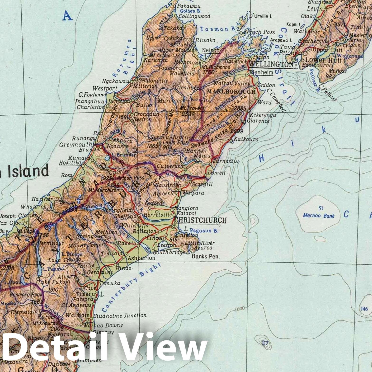 New Zealand, New Caledonia, Fiji Islands Physical Map - 1967 Soviet Atlas Print