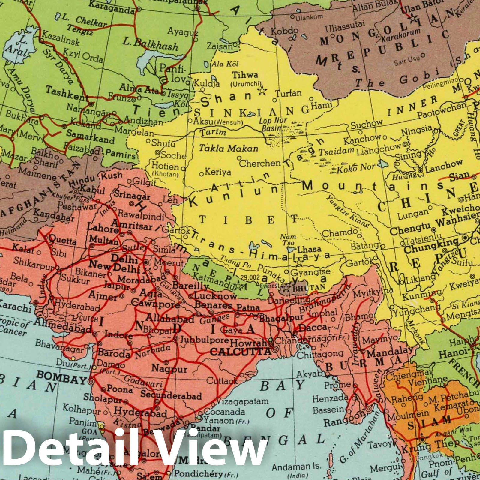 Asia - Physical Map, 1948 - Hammond's New World Atlas Historical Print