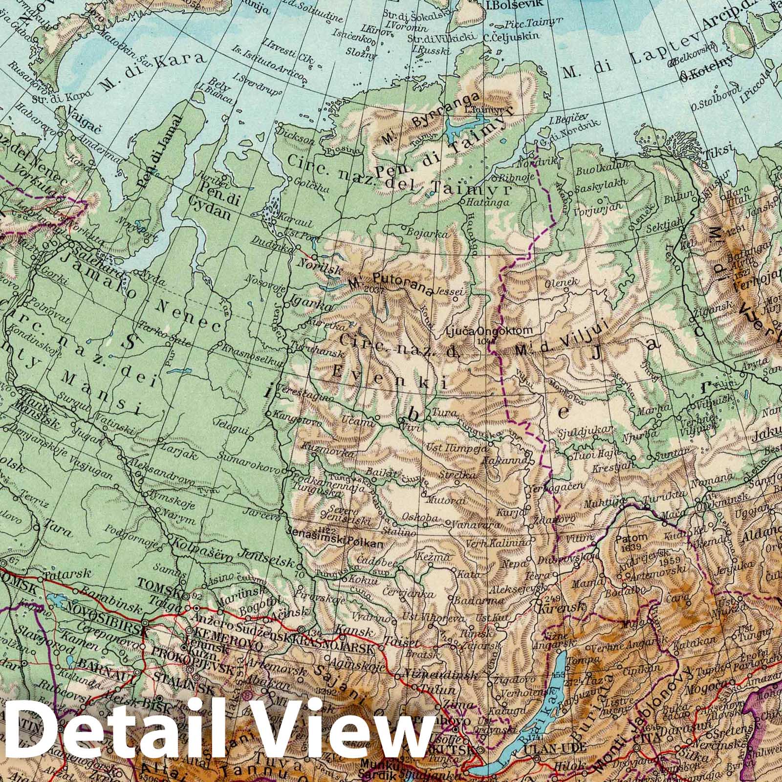 Asian USSR - Physical Map, 1952 - Historical Map Print