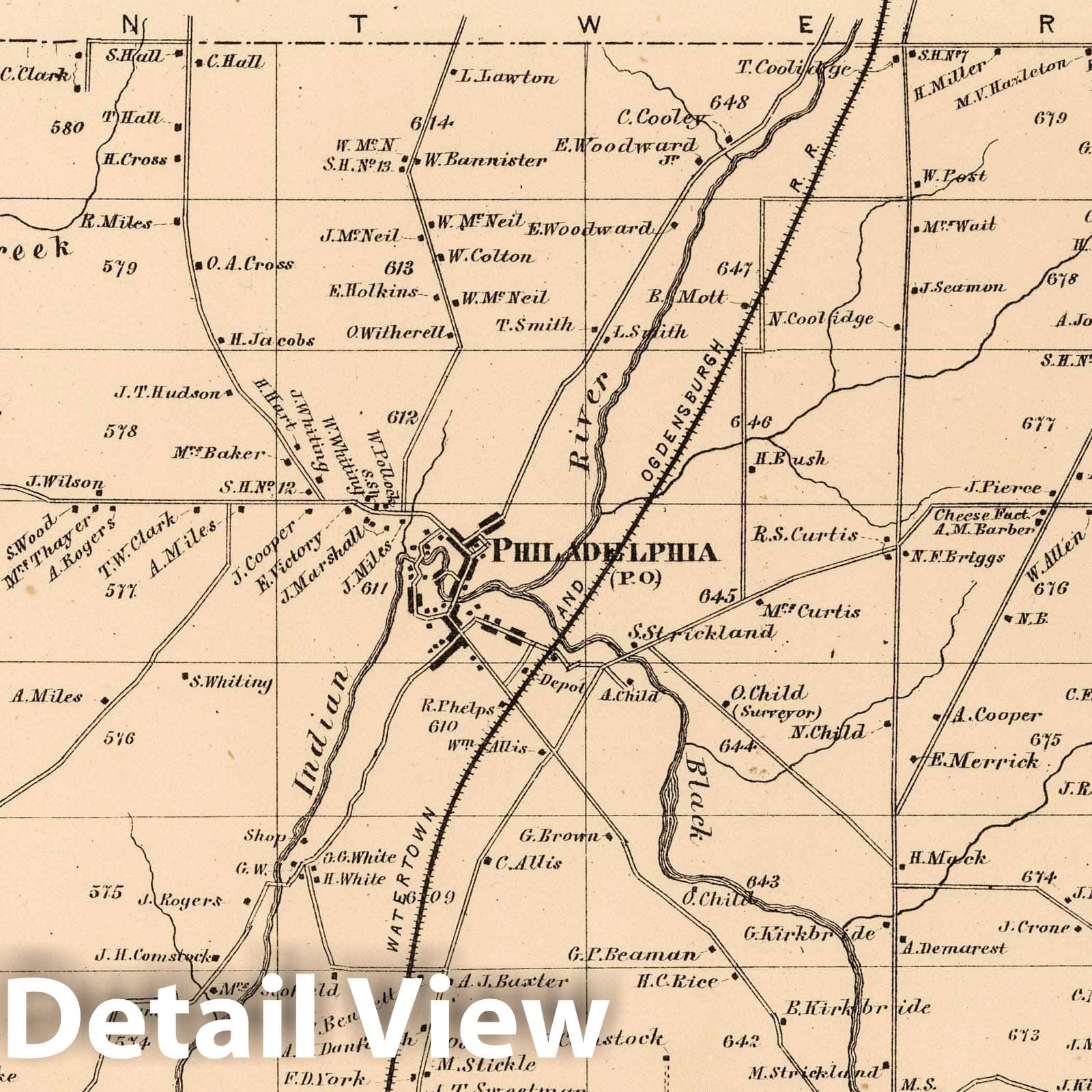 Philadelphia, Jefferson County, New York - Property Map, 1864 - Historical Map Print