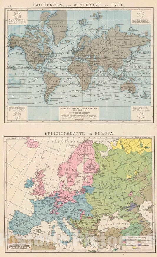Historic Map : 1881 Isothermen- u. Windkarte; Religionskarte v. Europa. - Vintage Wall Art