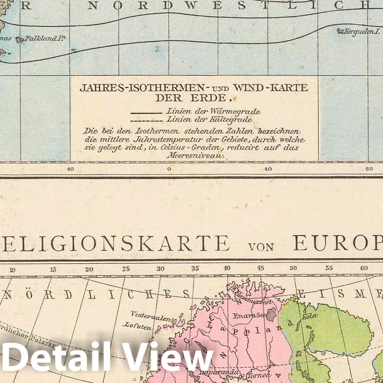 World Isothermal and Wind Map with Europe Religious Map - 1881 Climate Map Print