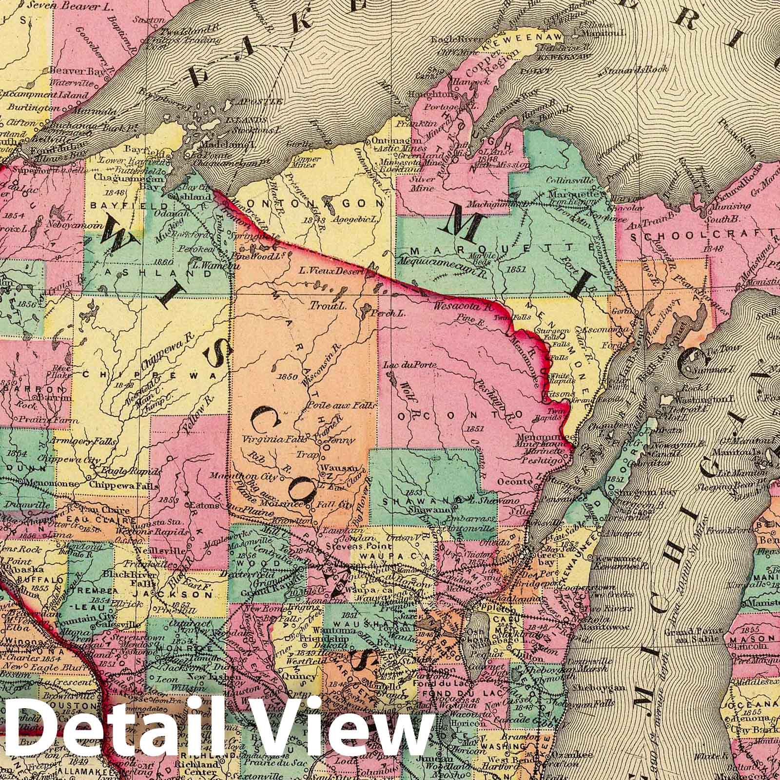 Michigan, Minnesota and Wisconsin 1872 Historical Map Print