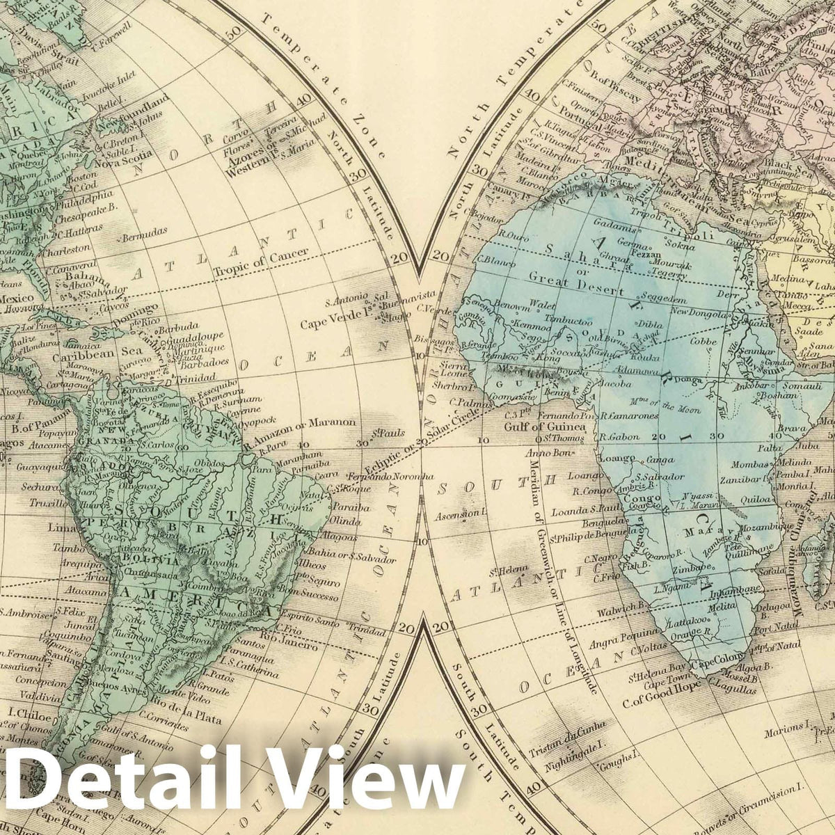 World, Eastern and Western Hemispheres, 1854 - Historical Map Print