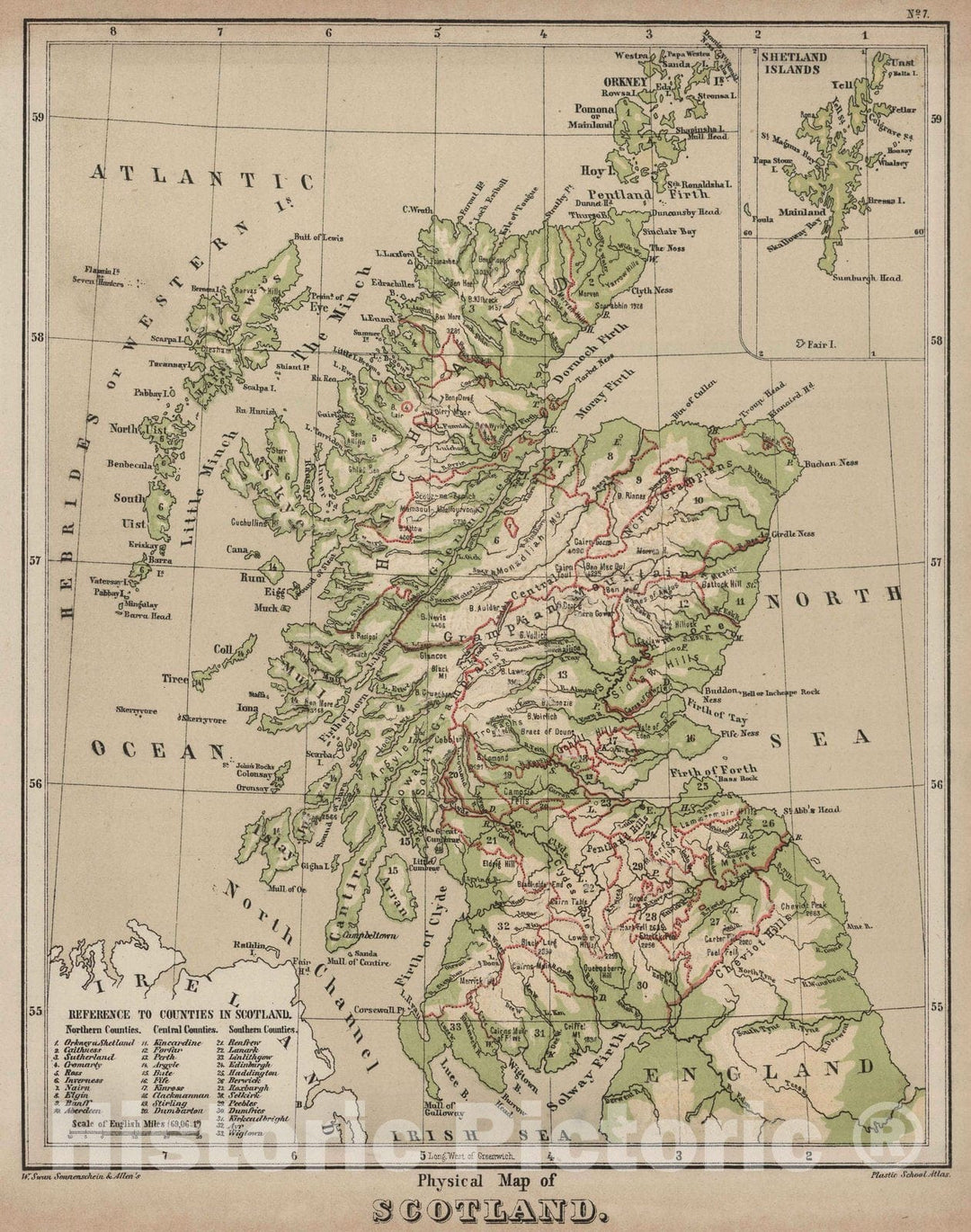 Historic Map : 1880 Physical Map of Scotland. v1 - Vintage Wall Art
