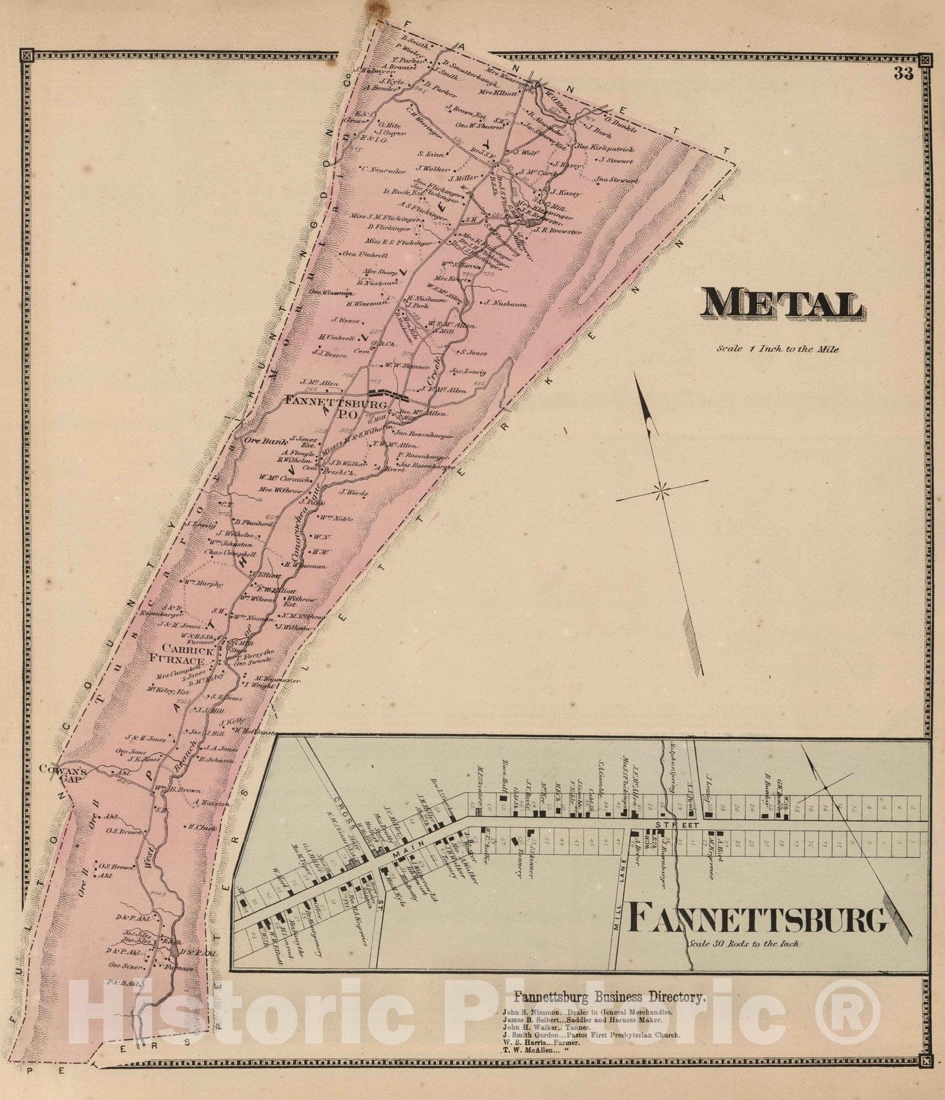 Historic Map : 1868 Metal, Franklin County, Pennsylvania. Fannettsburg. - Vintage Wall Art