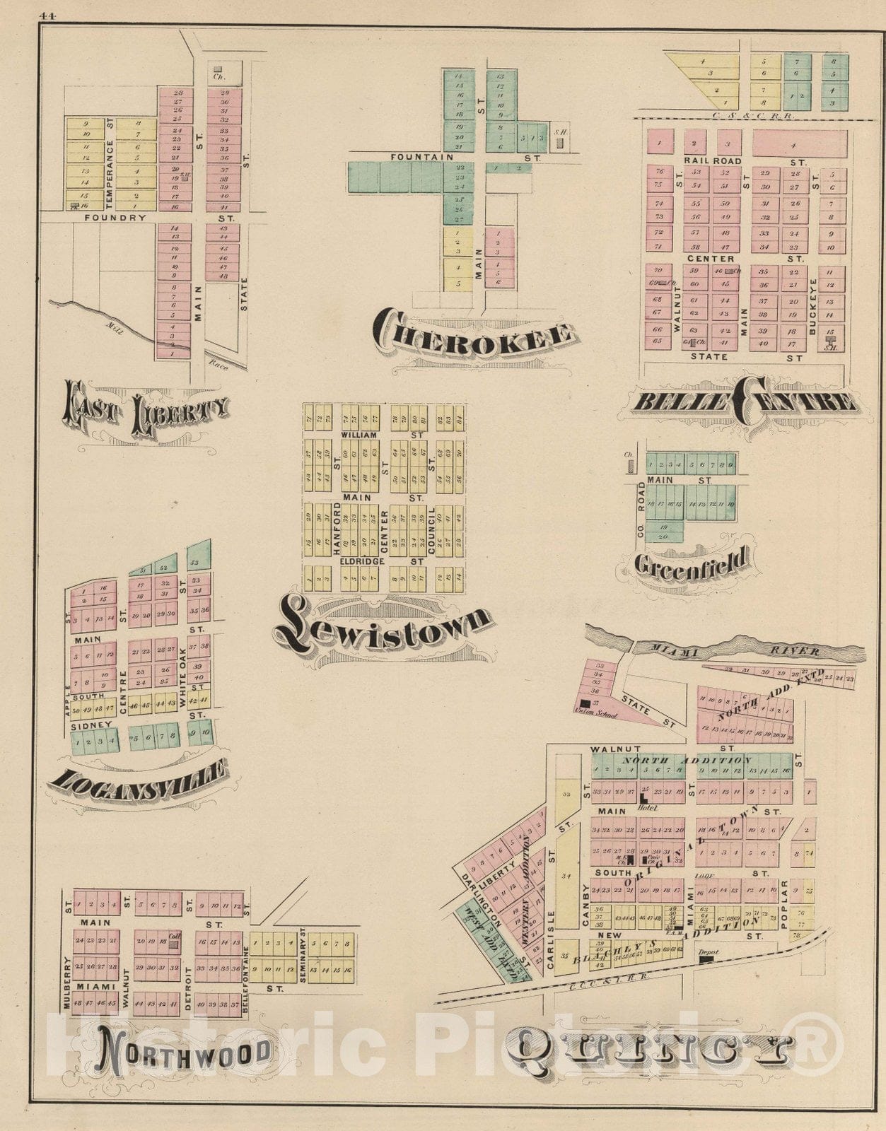 Historic Map : 1875 Last Liberty. Logansville. Northwood. Cherokee. Lewistown. Belle Centre. Greenfield. Quincy. Logan County, Ohio - Vintage Wall Art