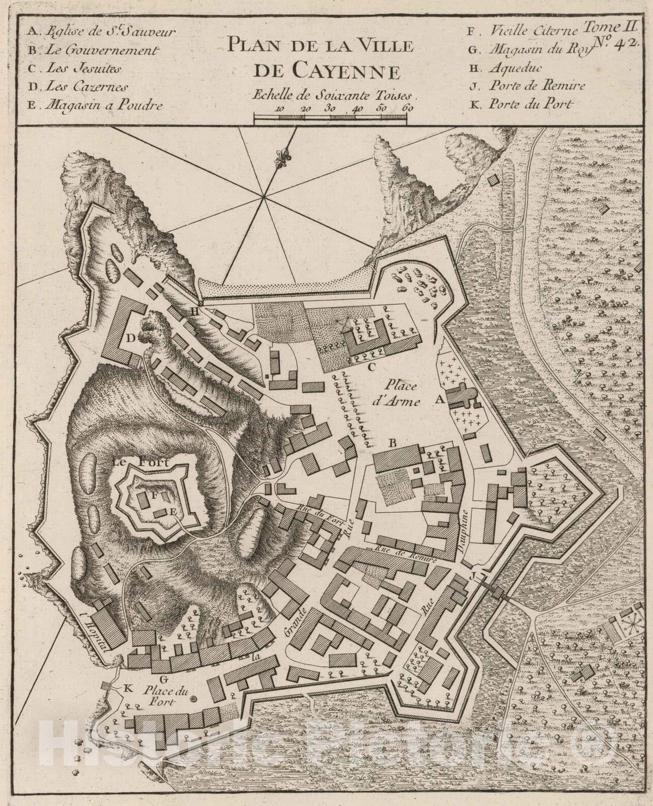Historic Map : French Guiana , Cayenne (French Guiana), 1764 Plan de la ville de Cayenne , Vintage Wall Art