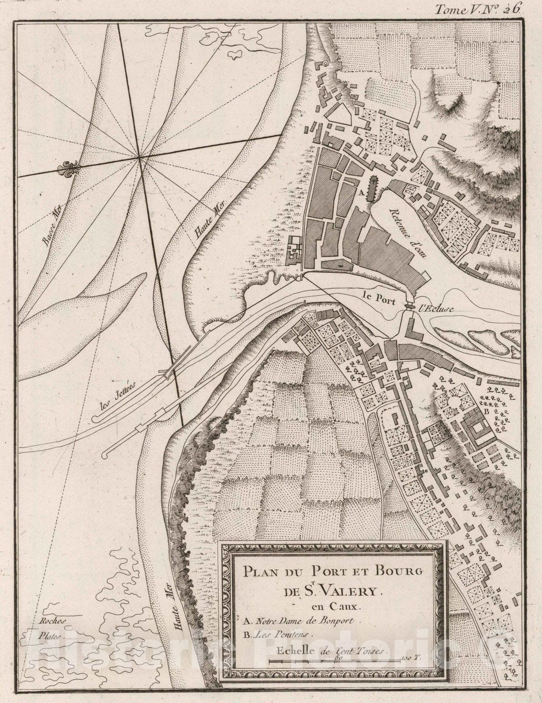 Historic Map : France , St. Vallery France, 1764 Plan du port et bourg de St Valery en Caux. , Vintage Wall Art