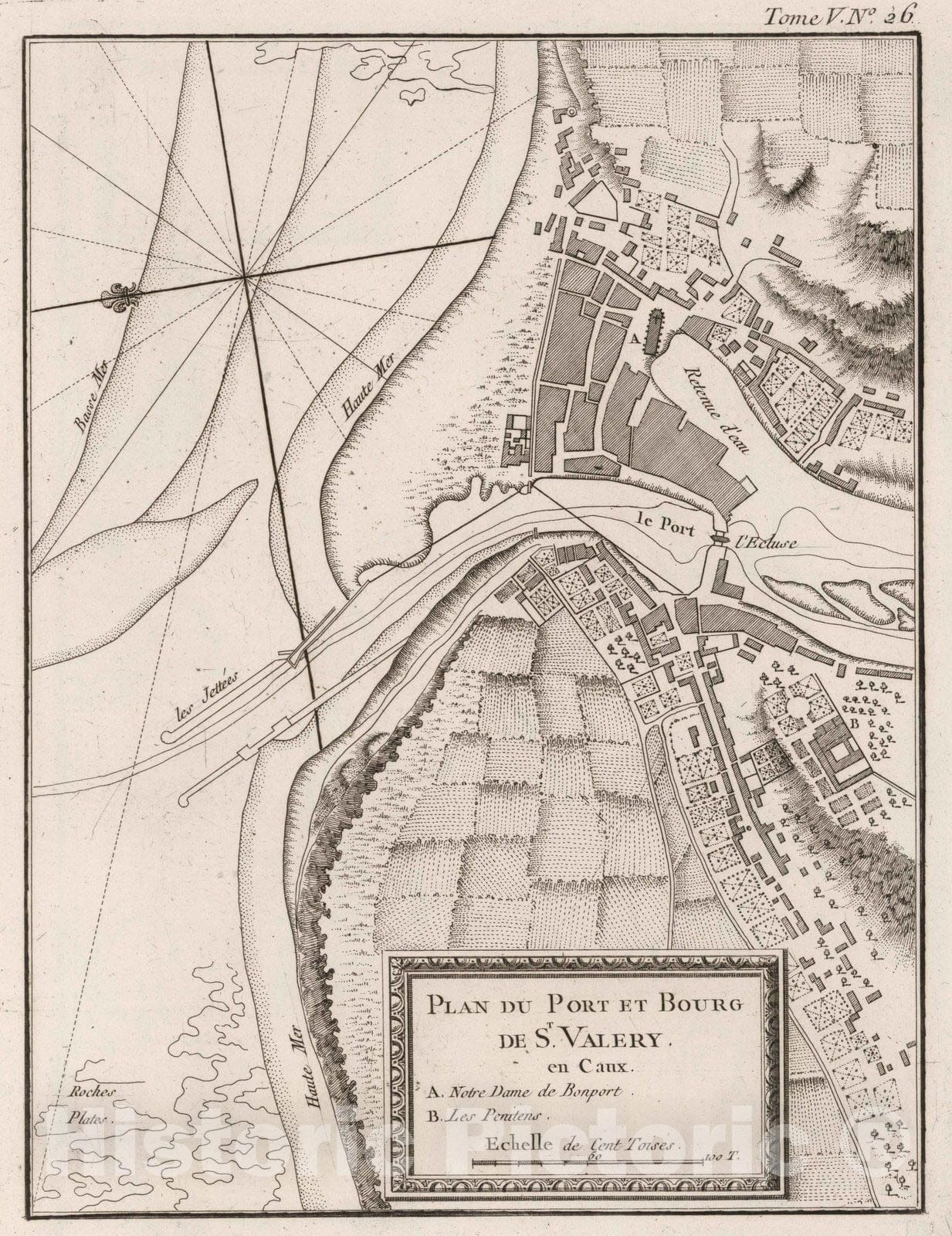 Historic Map : France , St. Vallery France, 1764 Plan du port et bourg de St Valery en Caux. , Vintage Wall Art