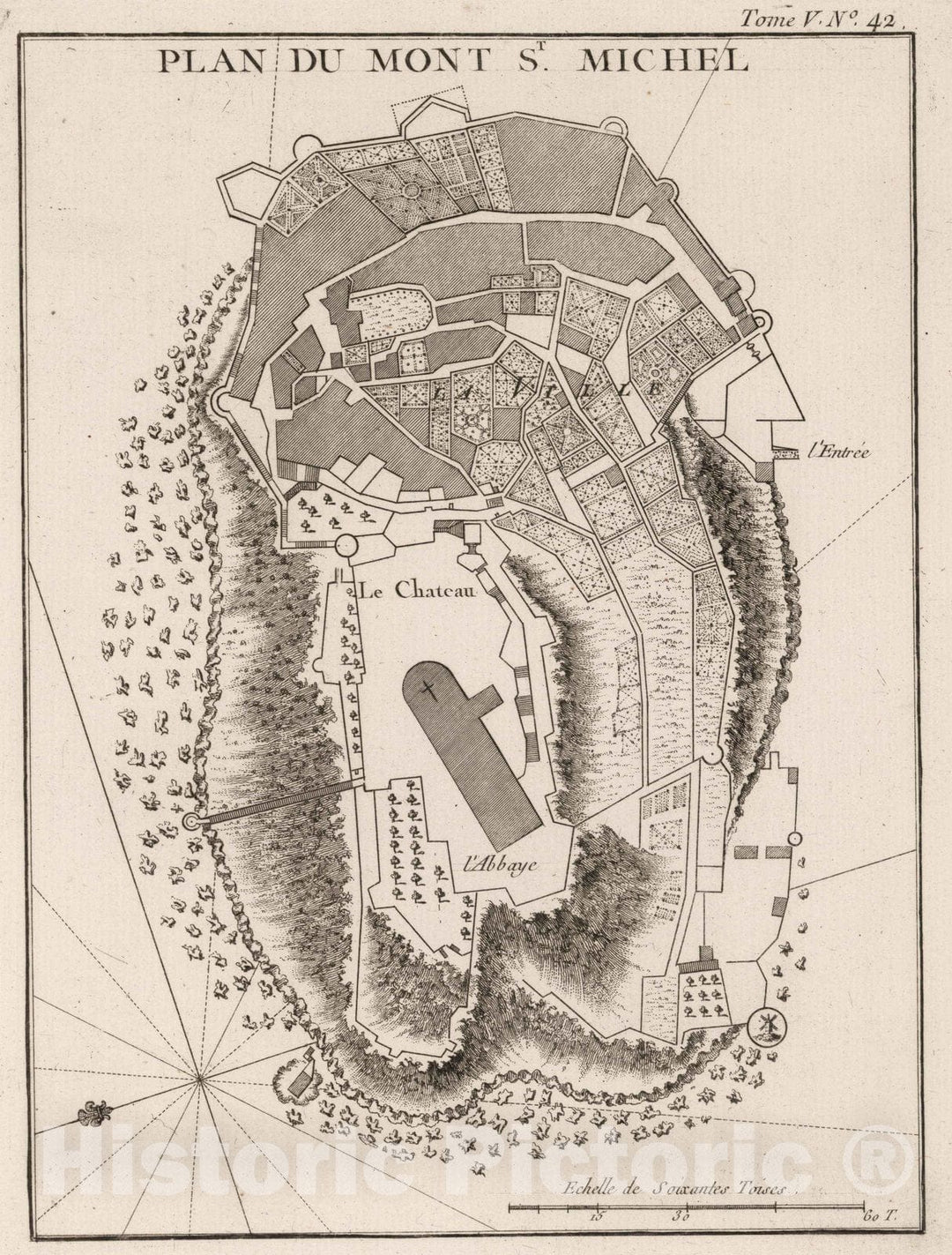 Historic Map : France , Mont St. Michel France, 1764 Plan du Mont St Michel. , Vintage Wall Art