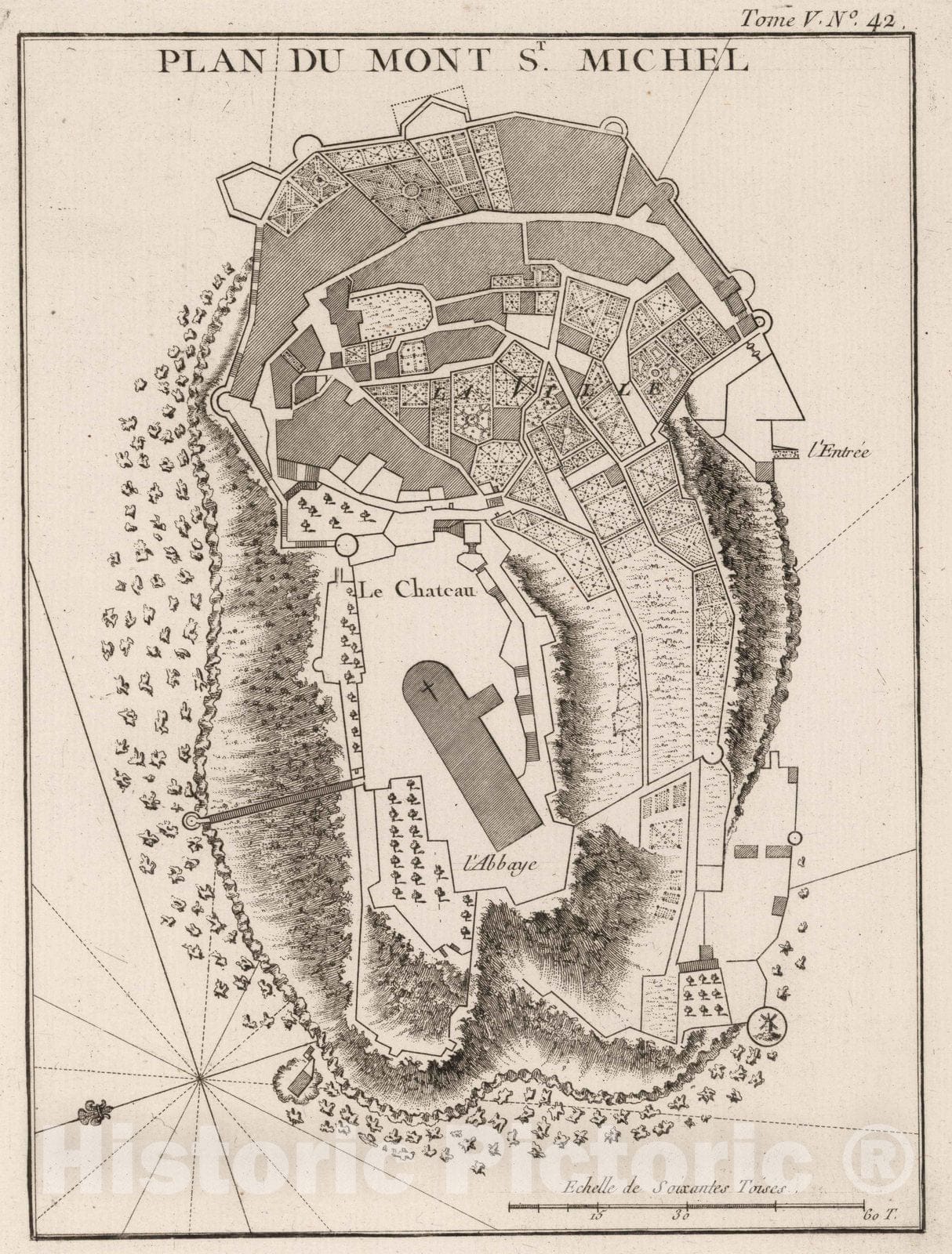 Historic Map : France , Mont St. Michel France, 1764 Plan du Mont St Michel. , Vintage Wall Art