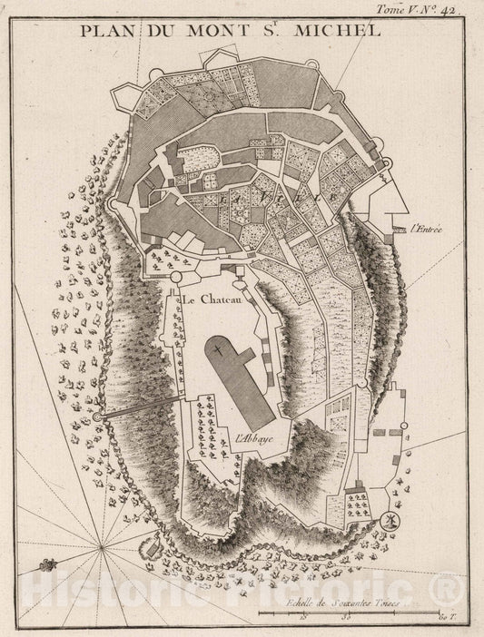 Historic Map : France , Mont St. Michel France, 1764 Plan du Mont St Michel. , Vintage Wall Art