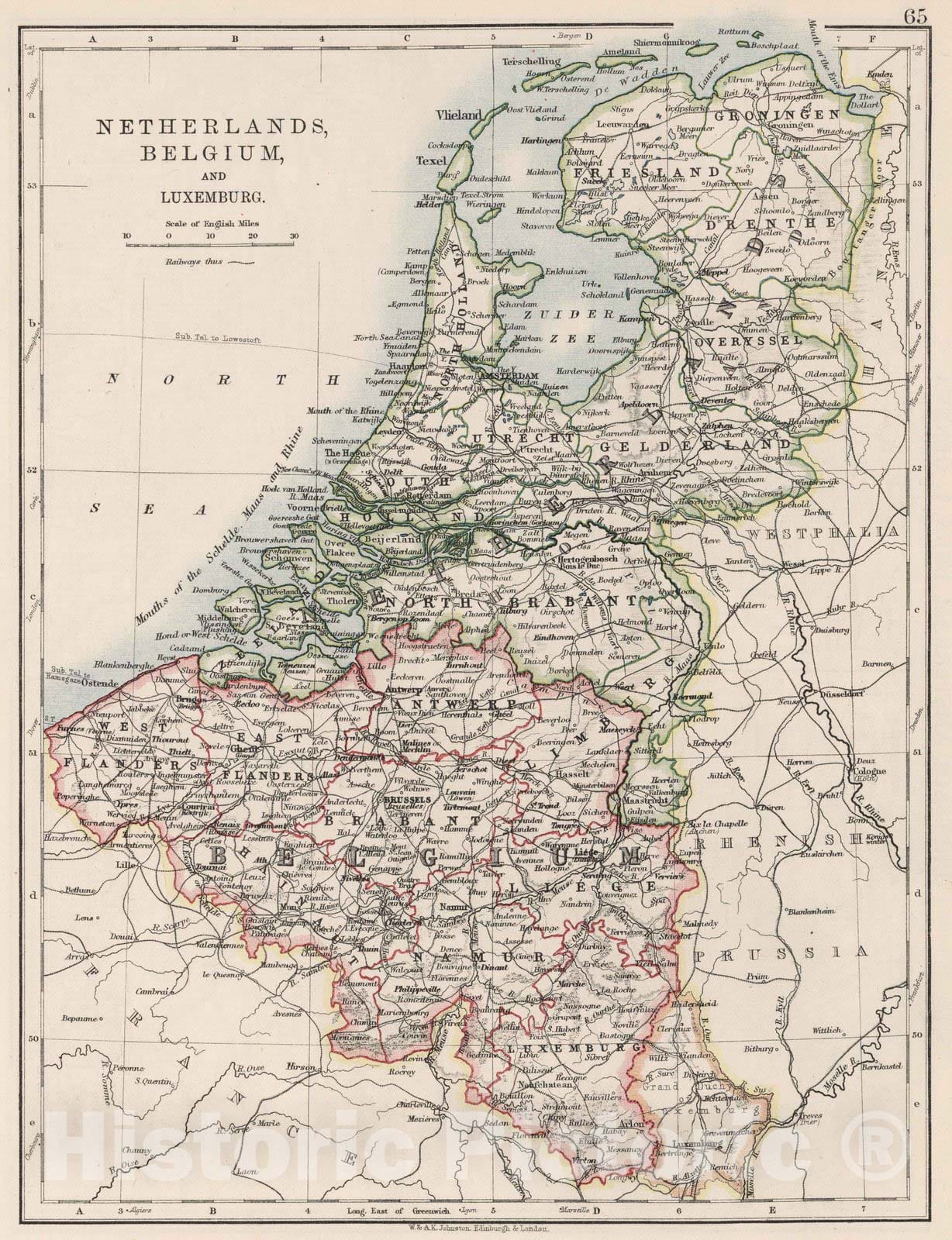 Netherlands, Belgium, and Luxembourg - Physical Map, 1906 - Historical Map Print