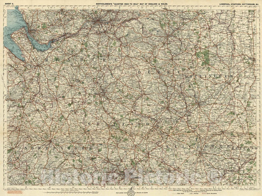Historic Map : National Atlas - 1921 Sheet 5. Liverpool, Stafford, Nottingham, c. - Vintage Wall Art