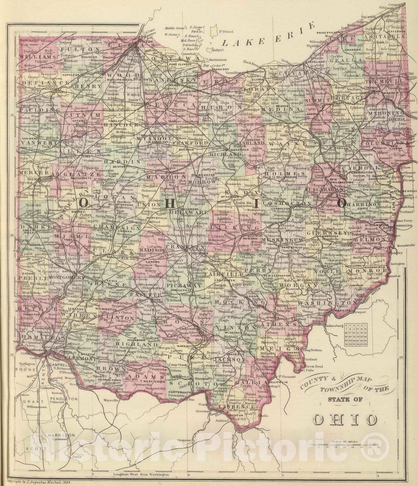 Historic Map : 1884 Ohio. - Vintage Wall Art