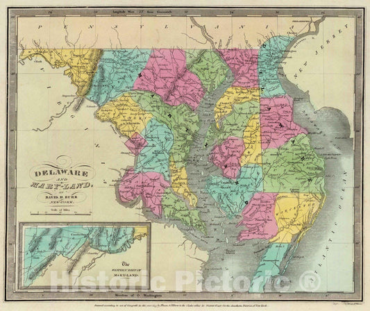 Historic Wall Map : 1835 Delaware And Mary-land. - Vintage Wall Art